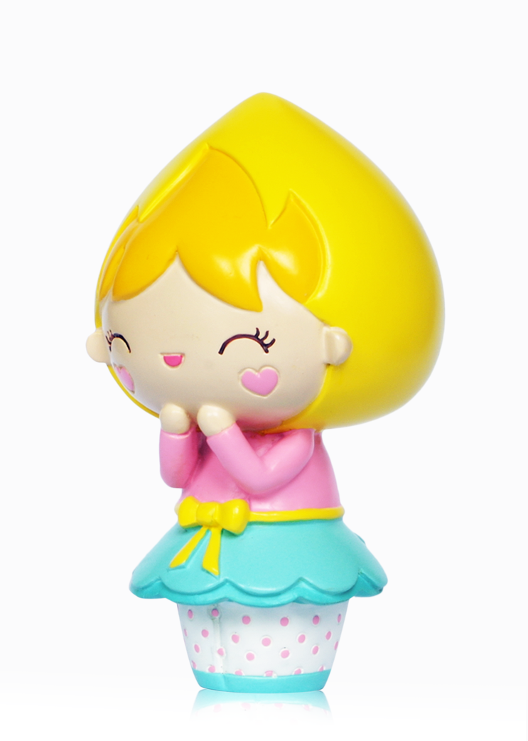 Birthday Girl HN Momiji doll with heart-shaped yellow hair, pink top, blue skirt, and a bright smile. — Momiji doll