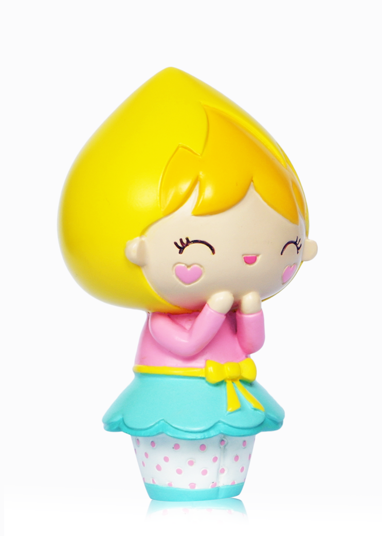 Birthday Girl HN Momiji doll with yellow hair, a pink top, and blue skirt. Vinyl kawaii collectible with hidden secret message. — Momiji doll