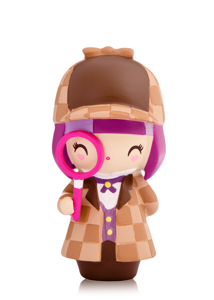 Curiousity: A kawaii Momiji doll with purple hair, smiling, dressed as a girl detective and holding a pink magnifying glass. — Momiji doll