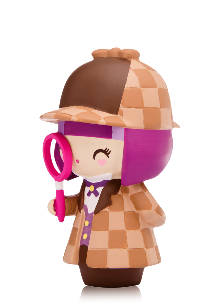 Curiousity Momiji doll is a cute detective in a checkered coat, brown hat, holding a pink magnifying glass. Collectible & kawaii!. — Momiji doll
