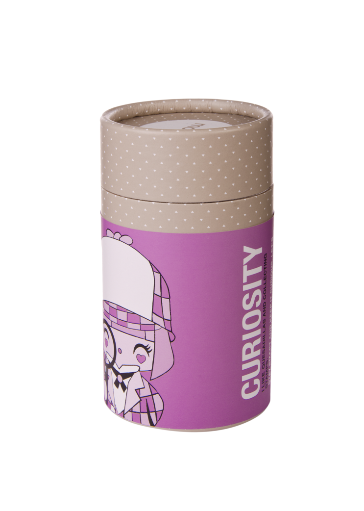 Purple container with polka dot lid, features Momiji doll detective character and "Curiousity" name on the side. — Momiji doll