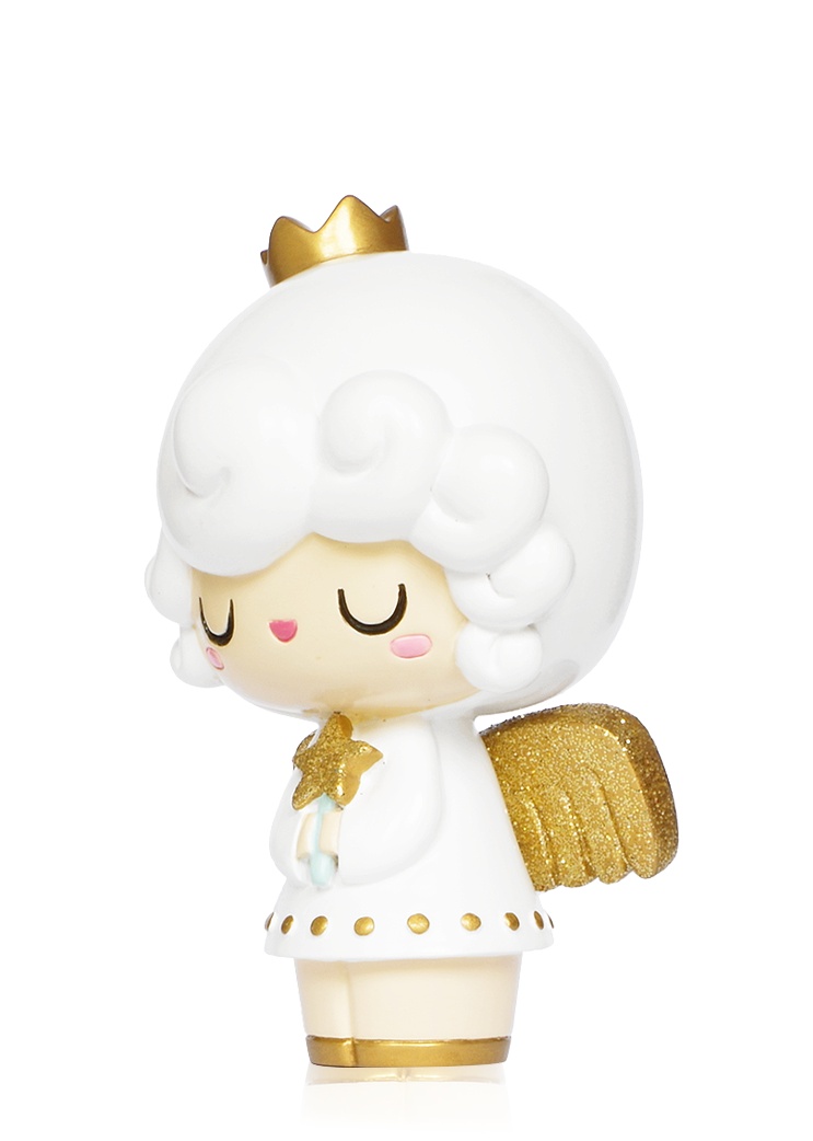 Celeste #014 Momiji doll: kawaii angel with white hair, golden wings, crown, star, closed eyes on white background. — Momiji doll