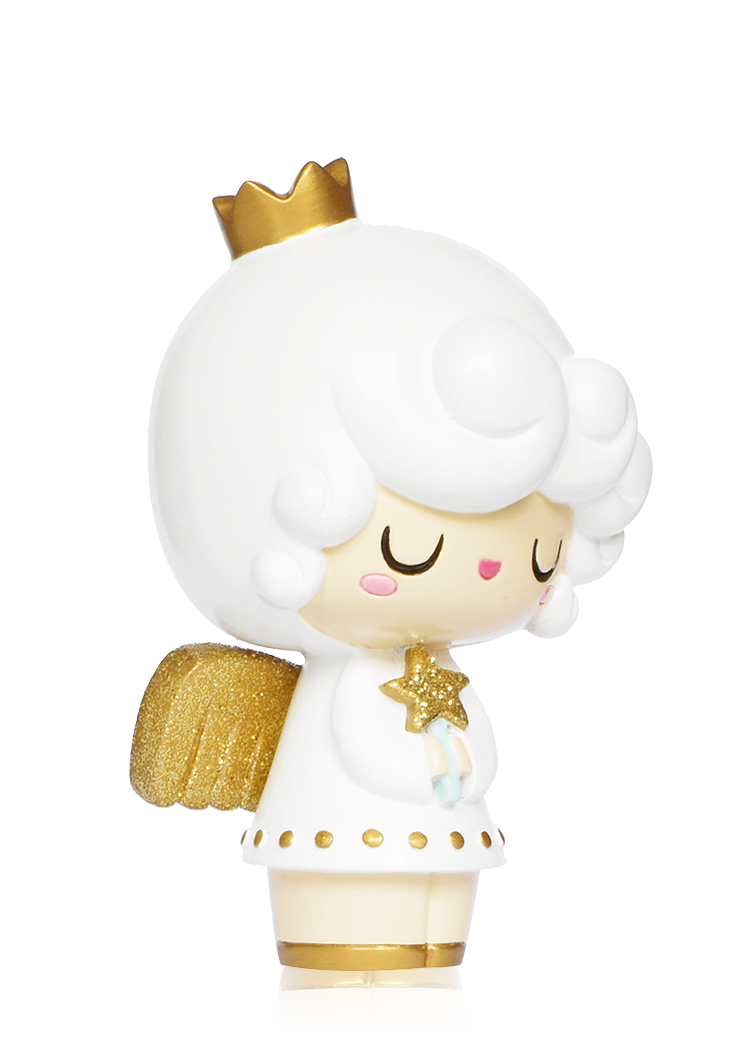 Celeste #014 Momiji doll: angelic with a gold crown, white wings, and star; eyes closed, smiling. Message hidden inside. — Momiji doll