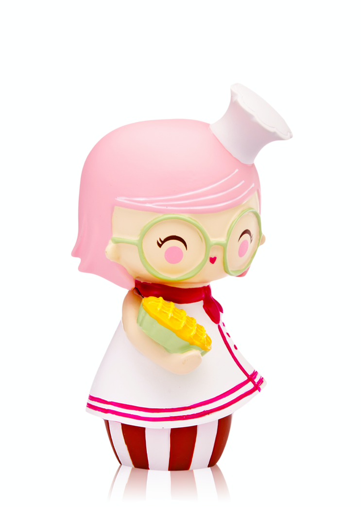 Cookie Momiji doll with pink hair, green glasses, chef hat, and pie; collectible with hidden message inside. — Momiji doll