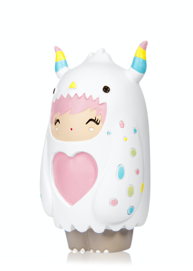 Cuddle Love Bug Momiji doll with pink hair, white monster suit, pastel horns, and a large pink heart on its chest. — Momiji doll