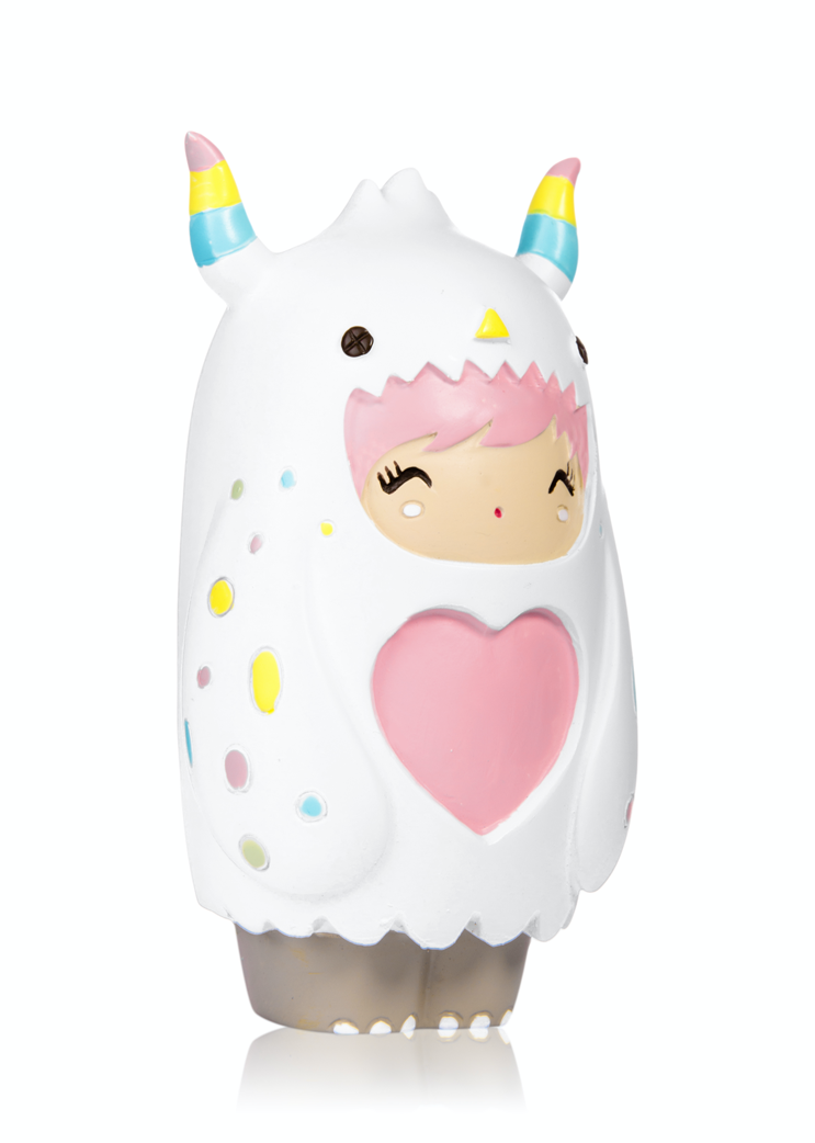 Cuddle Love Bug Momiji doll in a white monster suit, rainbow horns, heart on chest, and pink face; secret message inside. — Momiji doll