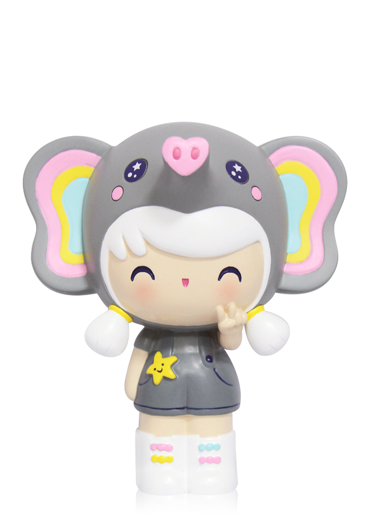 Ellie: a kawaii Momiji doll with white hair, gray elephant suit, rainbow ears, smiling and making a peace sign. — Momiji doll