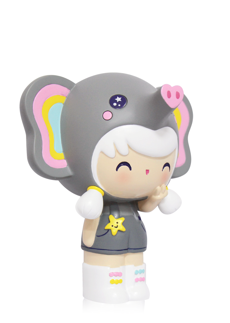 Ellie Momiji doll with white hair, smiling face, gray elephant hat and outfit; kawaii collectible with secret message inside. — Momiji doll