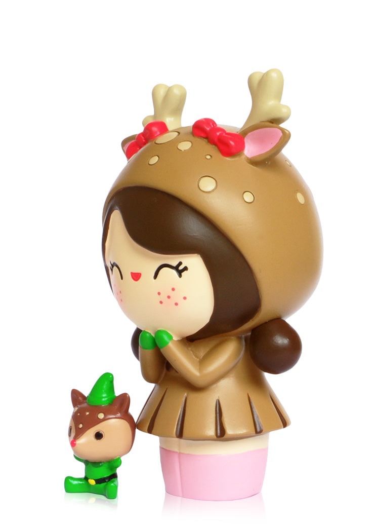 KIKO & KEN Momiji doll: girl in a reindeer costume, holding her smiling reindeer toy. Cute collectible with secret message. — Momiji doll