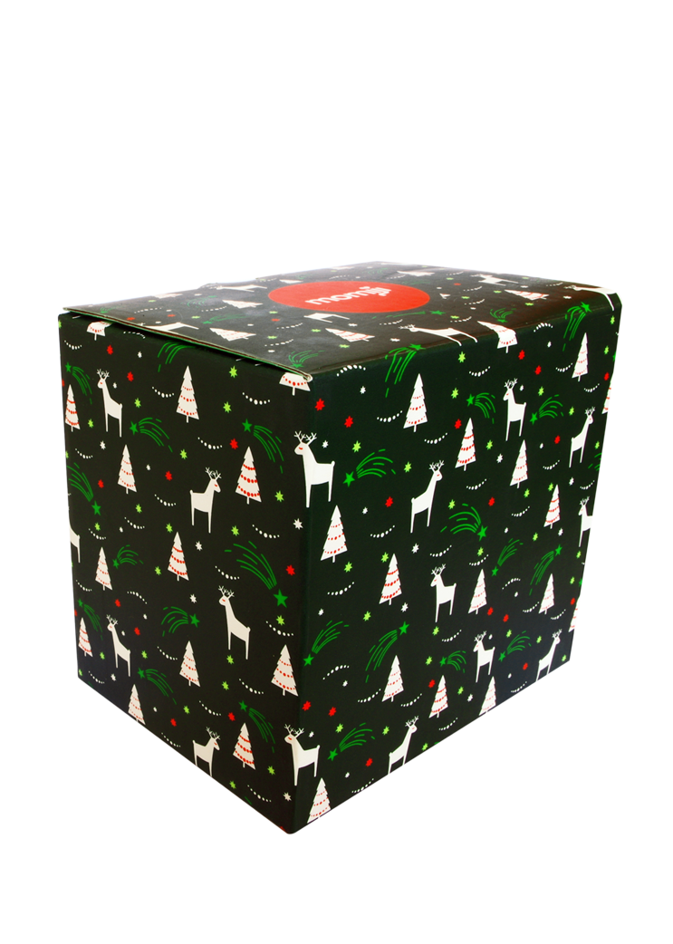 A KIKO & KEN square gift box in dark green reindeer paper topped with a kawaii Momiji doll decoration. — Momiji doll