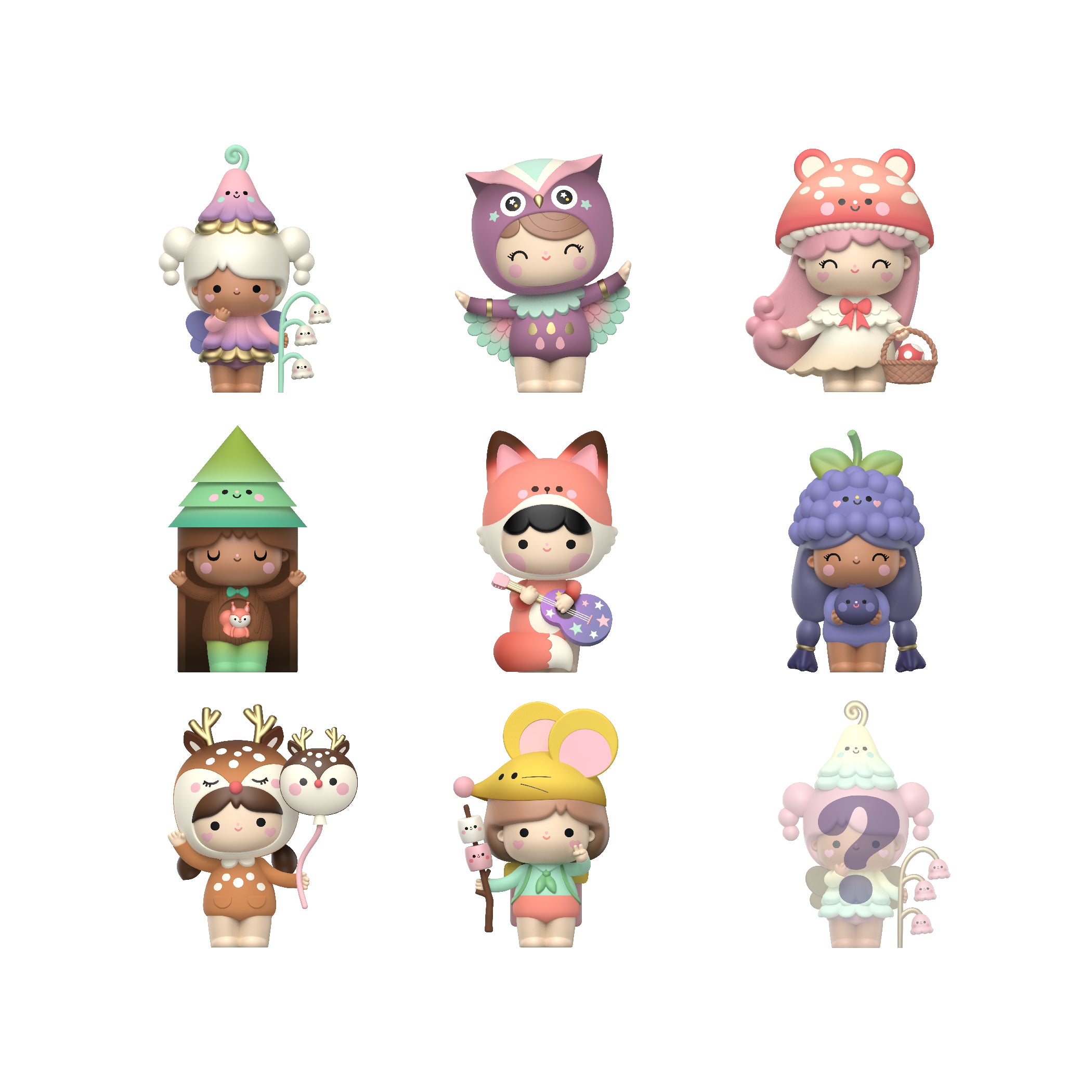 Eight Sugar Plum Momiji dolls, styled as cute animals and sweets, are blind boxed on a plain white background. — Momiji doll