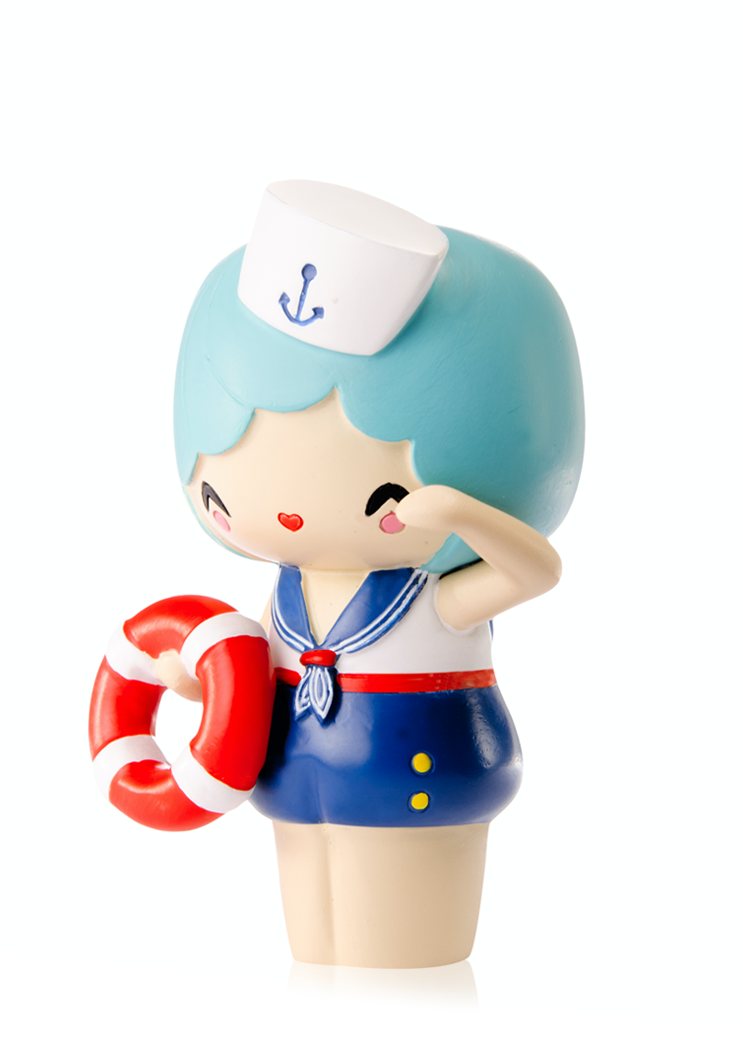 Marina Momiji doll with blue hair, sailor hat, and red and white lifebuoy. Kawaii collectible charm with hidden message inside. — Momiji doll