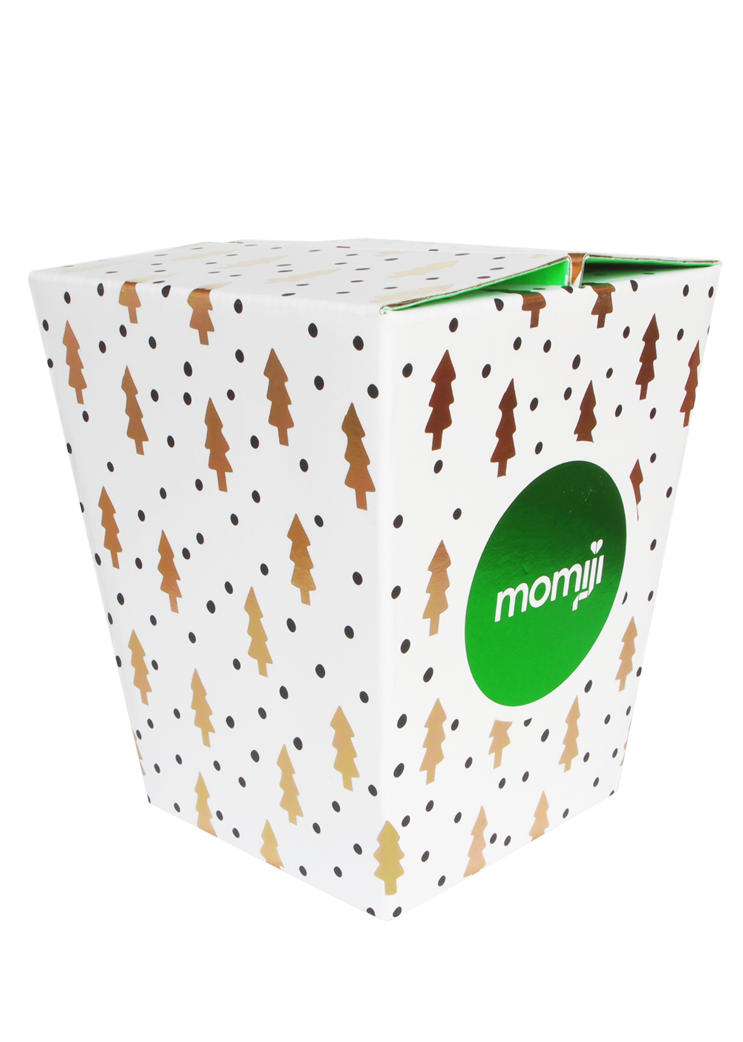 White box with gold tree and black dots, green circle label on side says Parker Momiji doll—collectible kawaii character. — Momiji doll