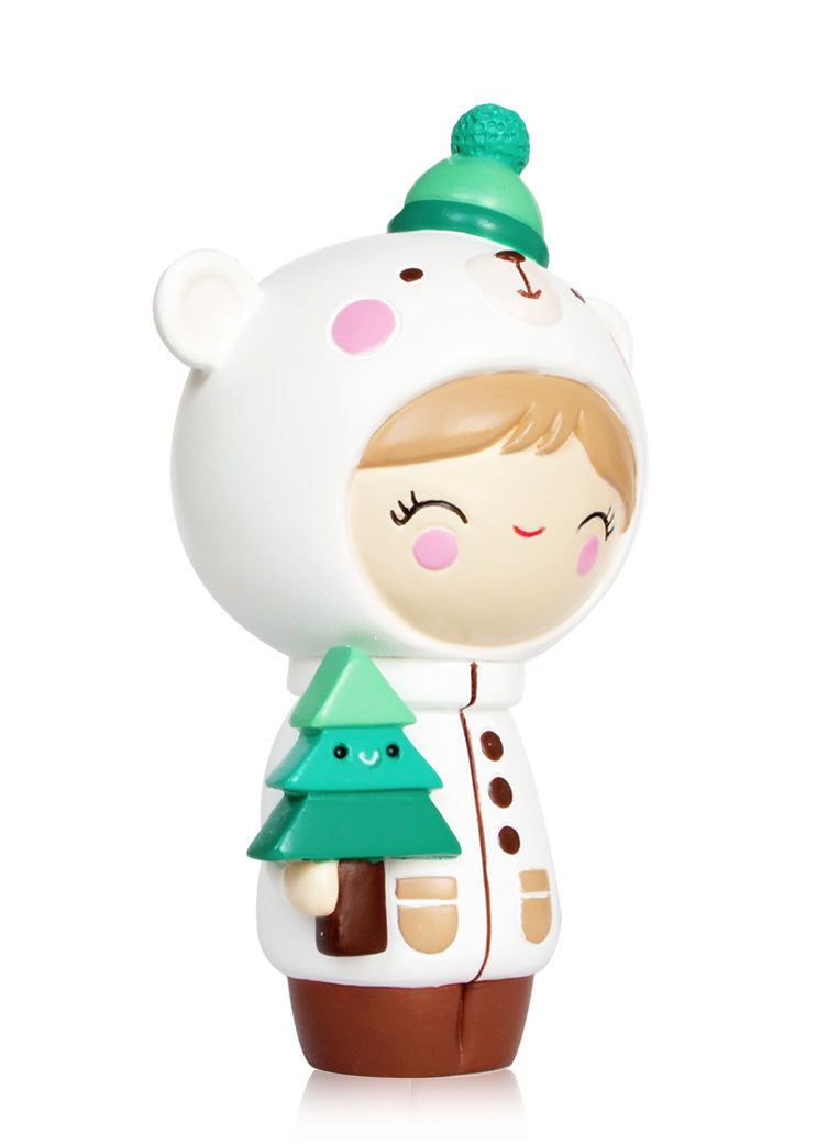 Parker Momiji doll in a white bear hoodie, smiling and blushing, holds a green Christmas tree; collectible with hidden message. — Momiji doll