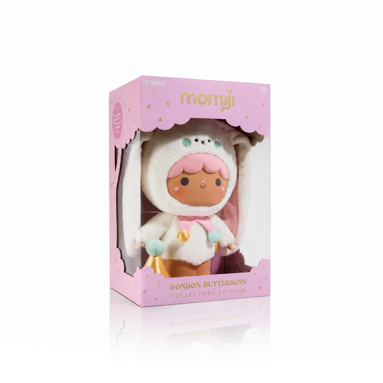 Bonbon Butterkins Momiji doll plush with a removable magnetic hat, displayed in a pink box. — Momiji doll