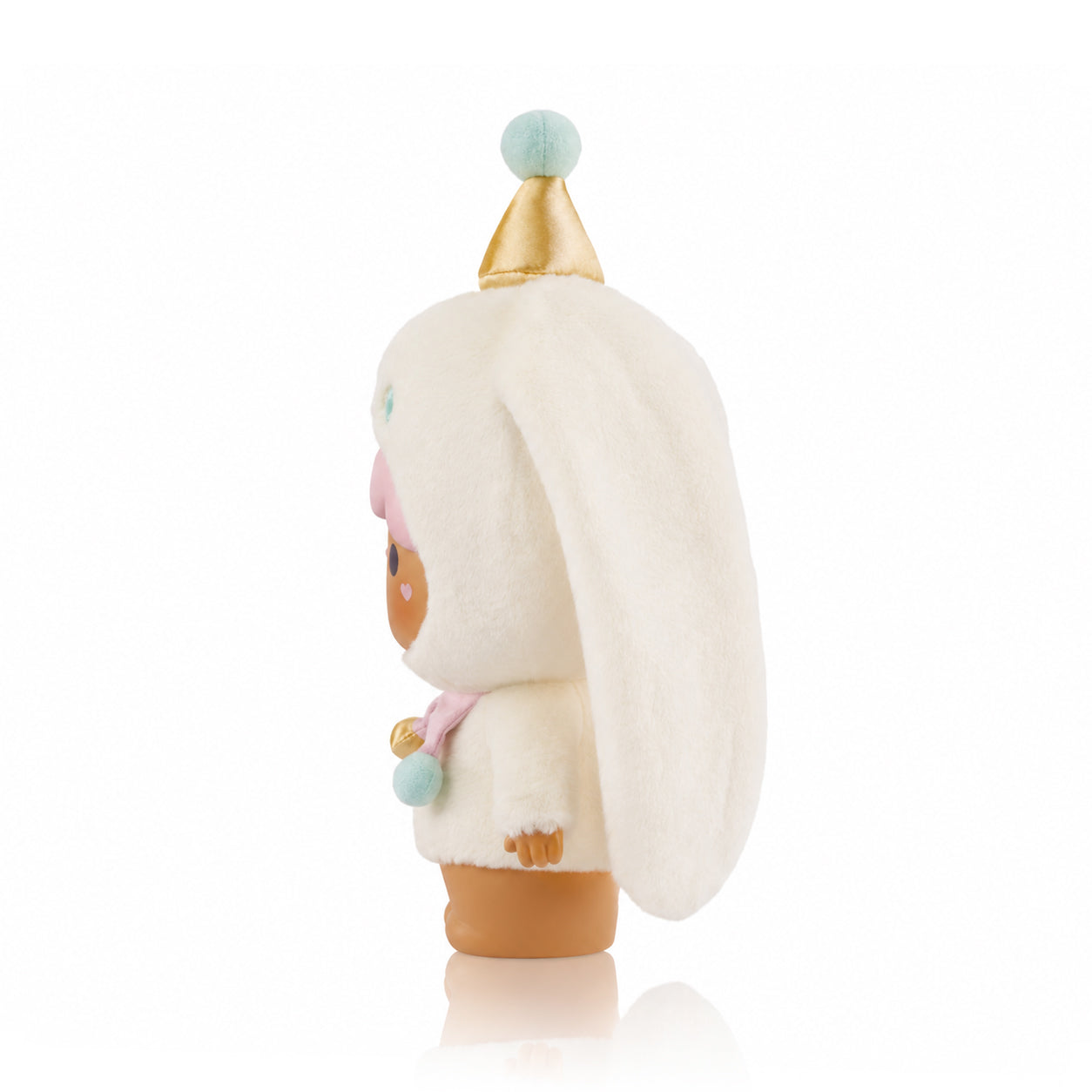 Bonbon Butterkins Momiji doll in a bunny suit, brown face, gold hat, with pink and blue accents; kawaii collectible plush. — Momiji doll
