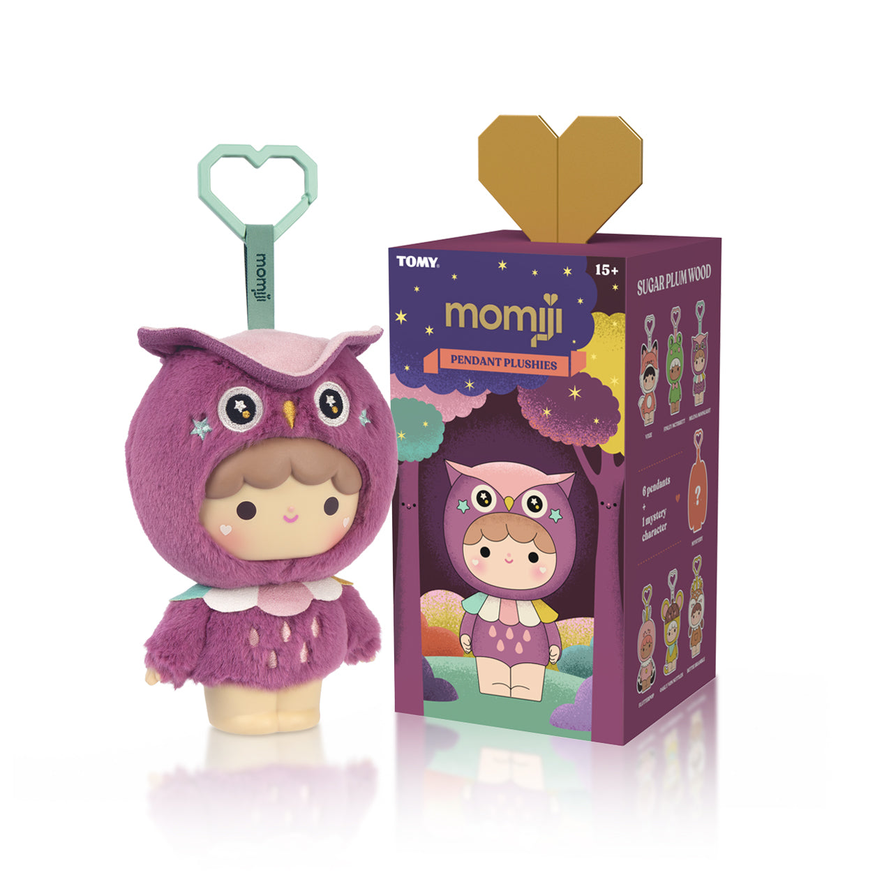 Sugar Plum Momiji doll plush, blind box set of 6, with a purple owl friend next to a bright display box. — Momiji doll
