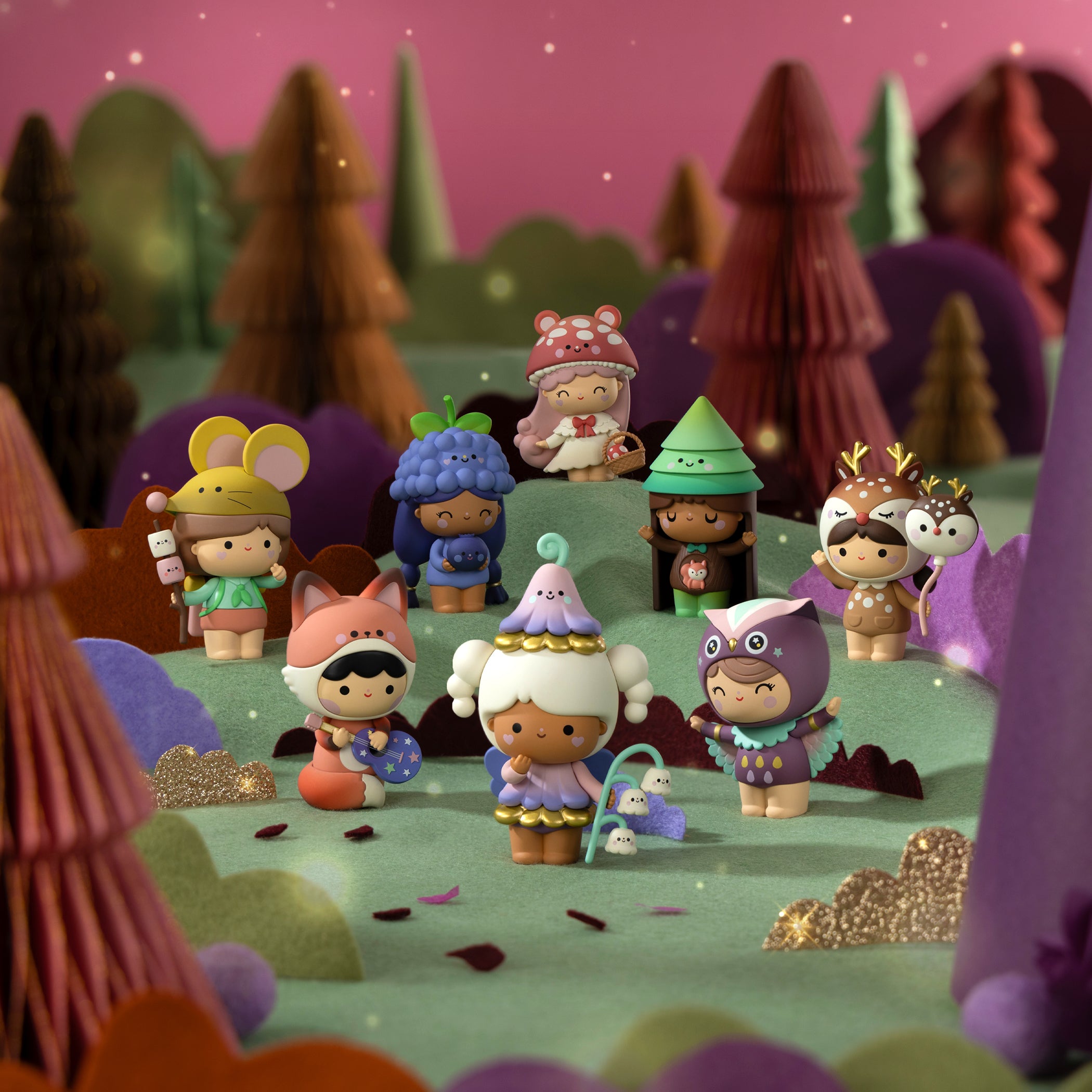 Eight kawaii Sugar Plum Momiji dolls in colorful whimsical outfits, each hiding a secret message, await in blind box sets. — Momiji doll
