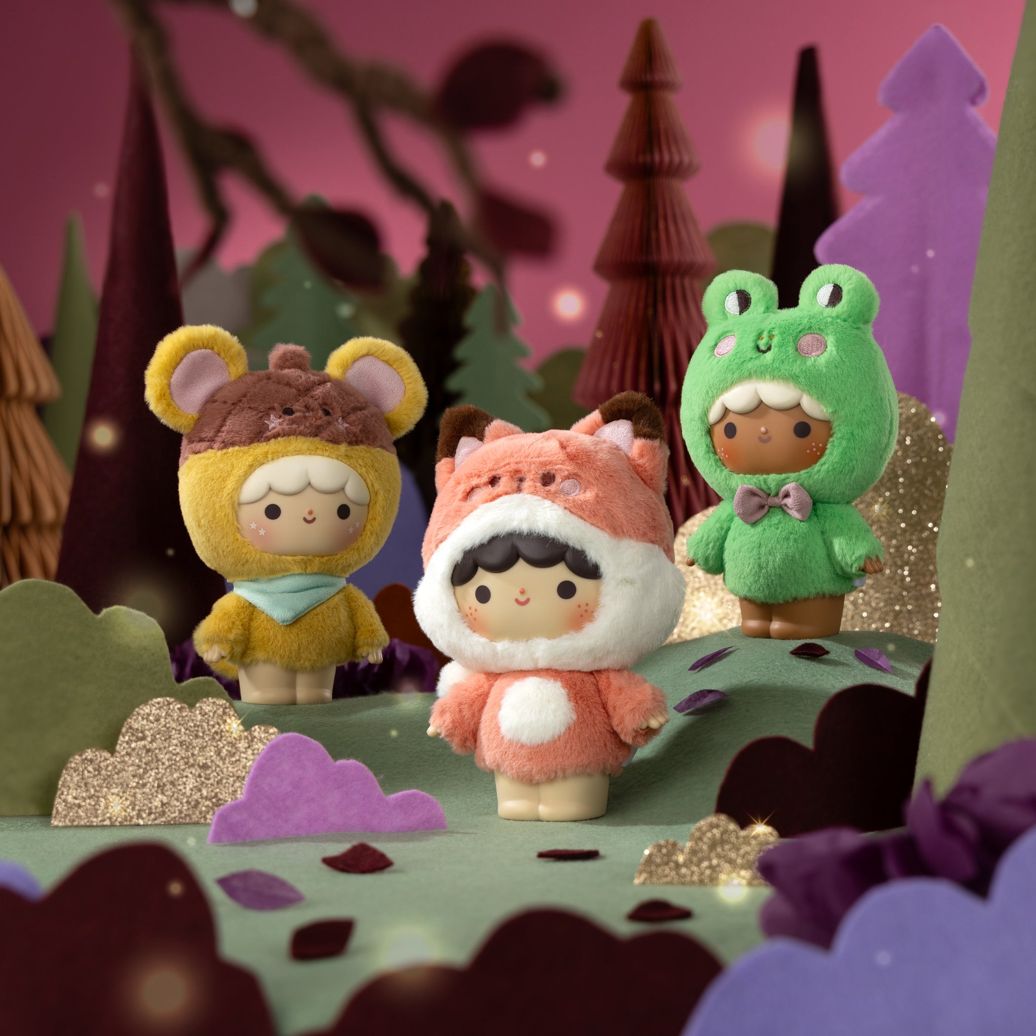 Six Sugar Plum Momiji dolls, each with unique kawaii details, peek out as surprises among the trees. — Momiji doll