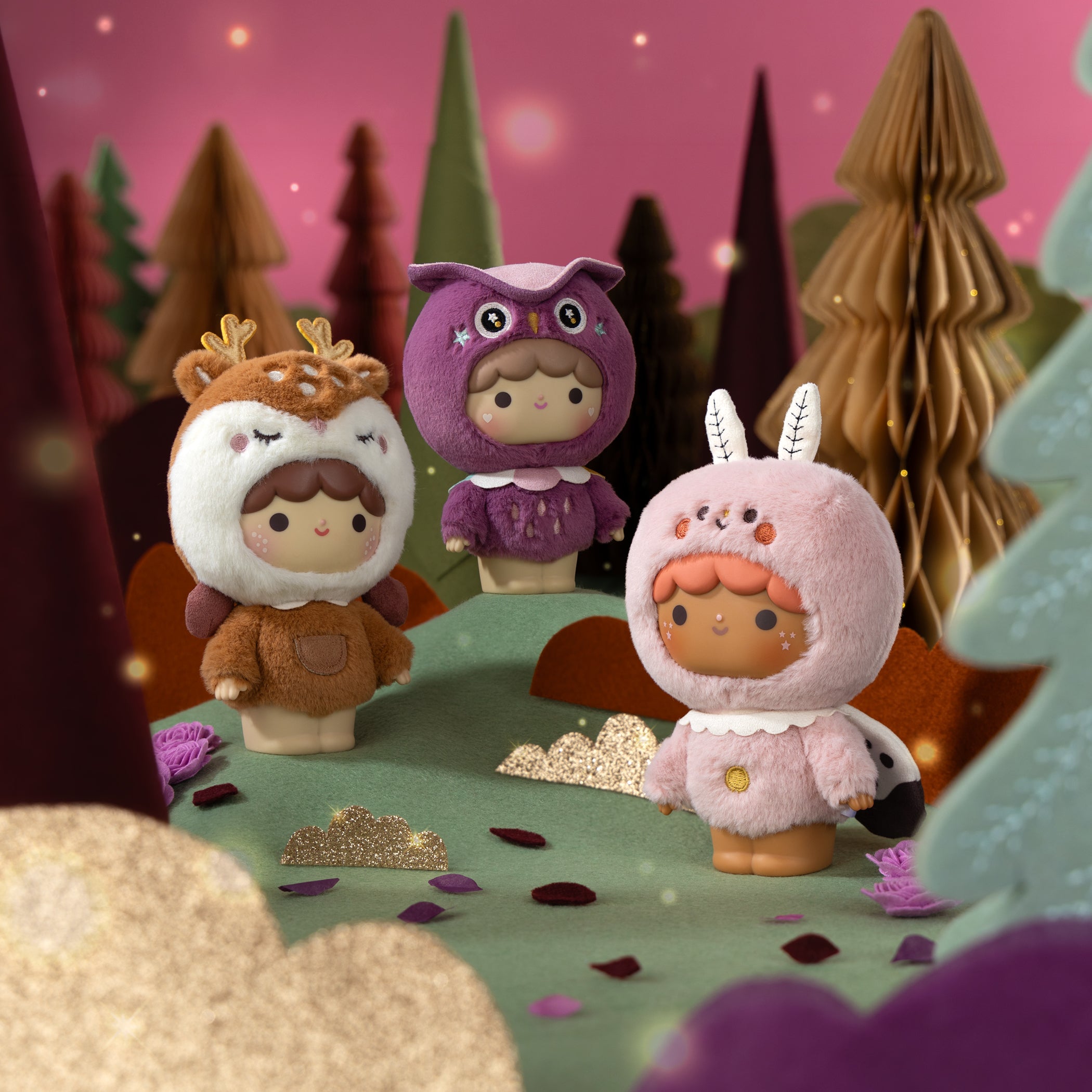 Six Sugar Plum Momiji dolls in animal suits pose on a bright landscape with stylized trees. Kawaii collectible characters. — Momiji doll
