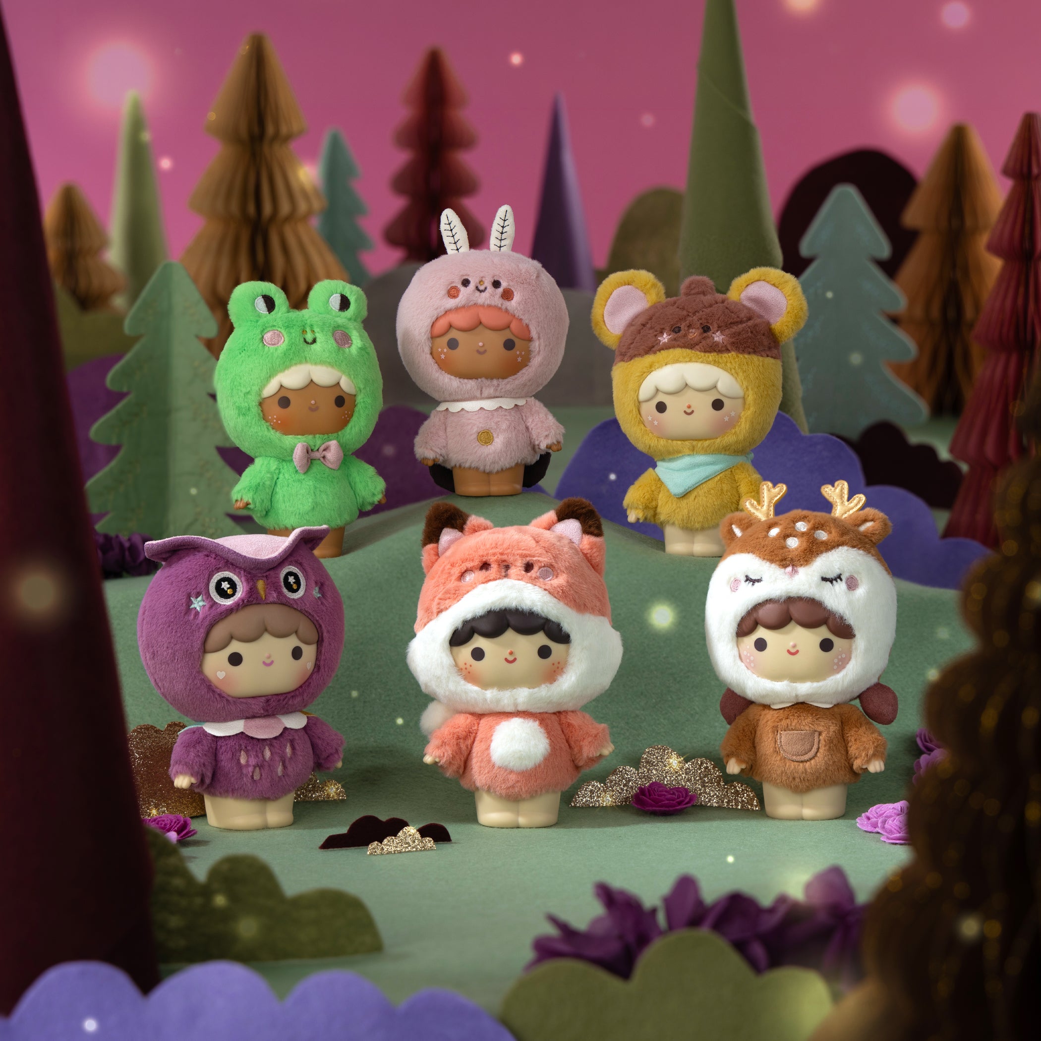 Six Sugar Plum Momiji dolls stand in a colorful forest with bright trees and a purple sky, looking kawaii and cheerful. — Momiji doll