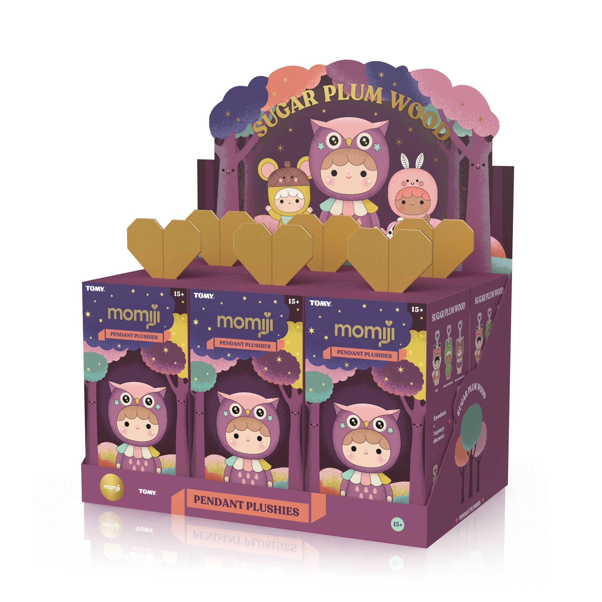 Set of six Sugar Plum Momiji dolls as plush animal friends under a forest sign, each with cute details and pastel colors. — Momiji doll