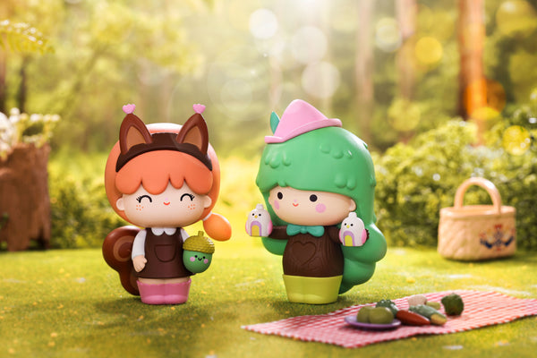 Two adventure Momiji Dolls in a kawaii nature setting