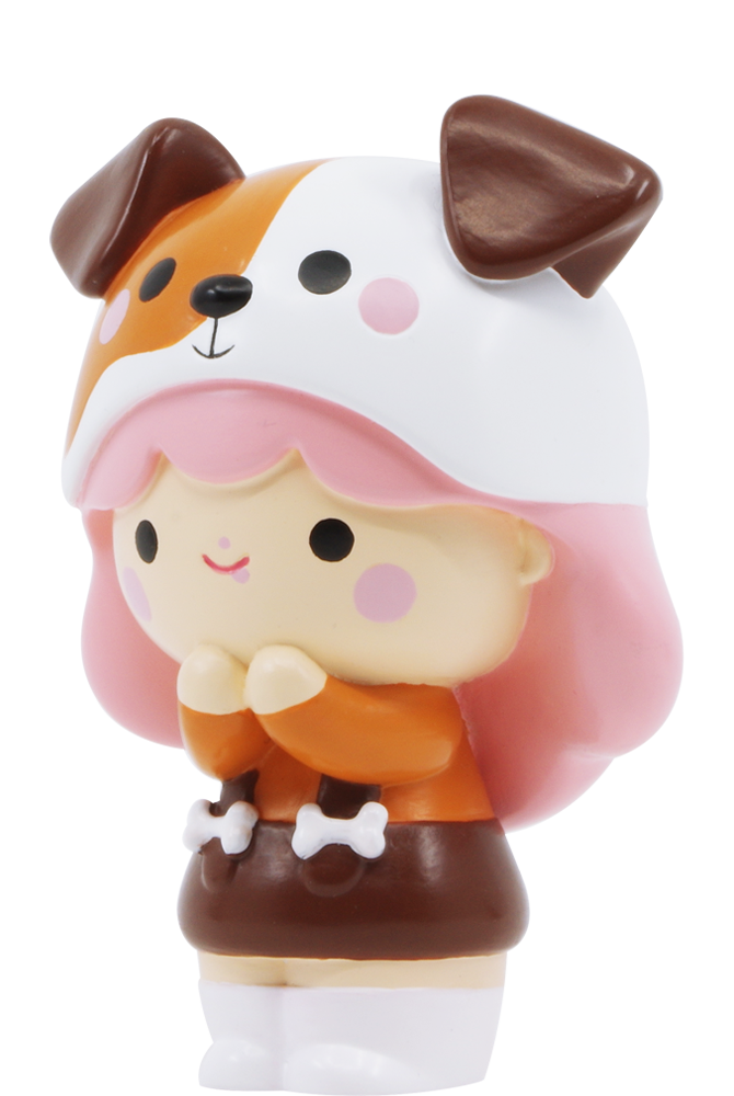 BFF Momiji doll with pink hair, dog-ear hat, orange top, brown skirt, and cute bone details. Collectible with secret message. — Momiji doll