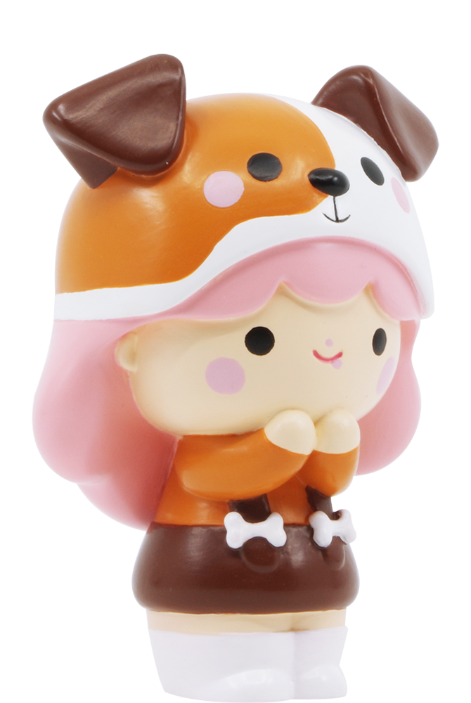 Momiji doll "BFF": pink-haired girl in orange dog suit, smiles with hands under chin. Kawaii collectible with secret message. — Momiji doll