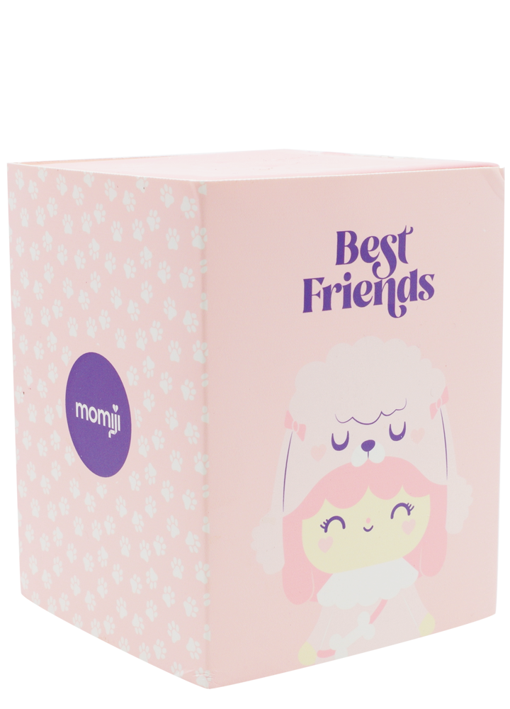 Best Friends: Pink box featuring kawaii Best Friends Momiji doll, paw prints, cute details and cheerful text—collectible gift. — Momiji doll