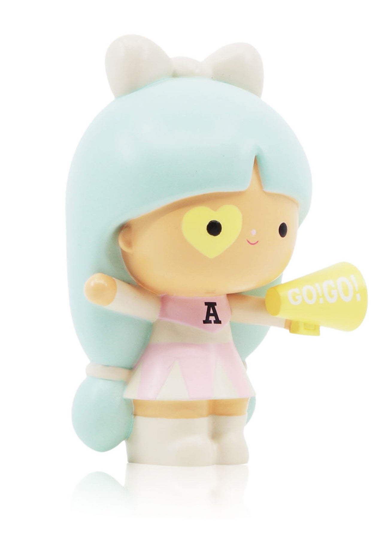 Courageous You Momiji doll with long blue hair, heart on cheek, pink dress, and yellow GO! GO! megaphone. — Momiji doll