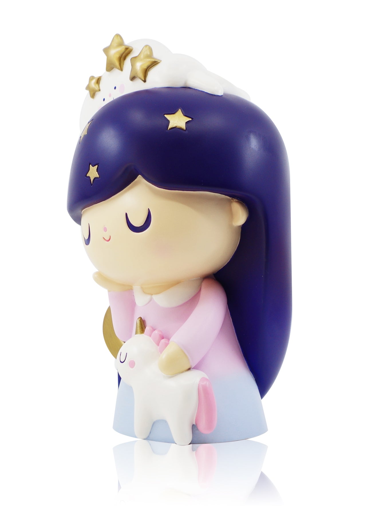 Dreaming - Endless Skies Edition Momiji doll with purple hair, clouds, stars, and a pink-tailed unicorn. 18cm collectible. — Momiji doll
