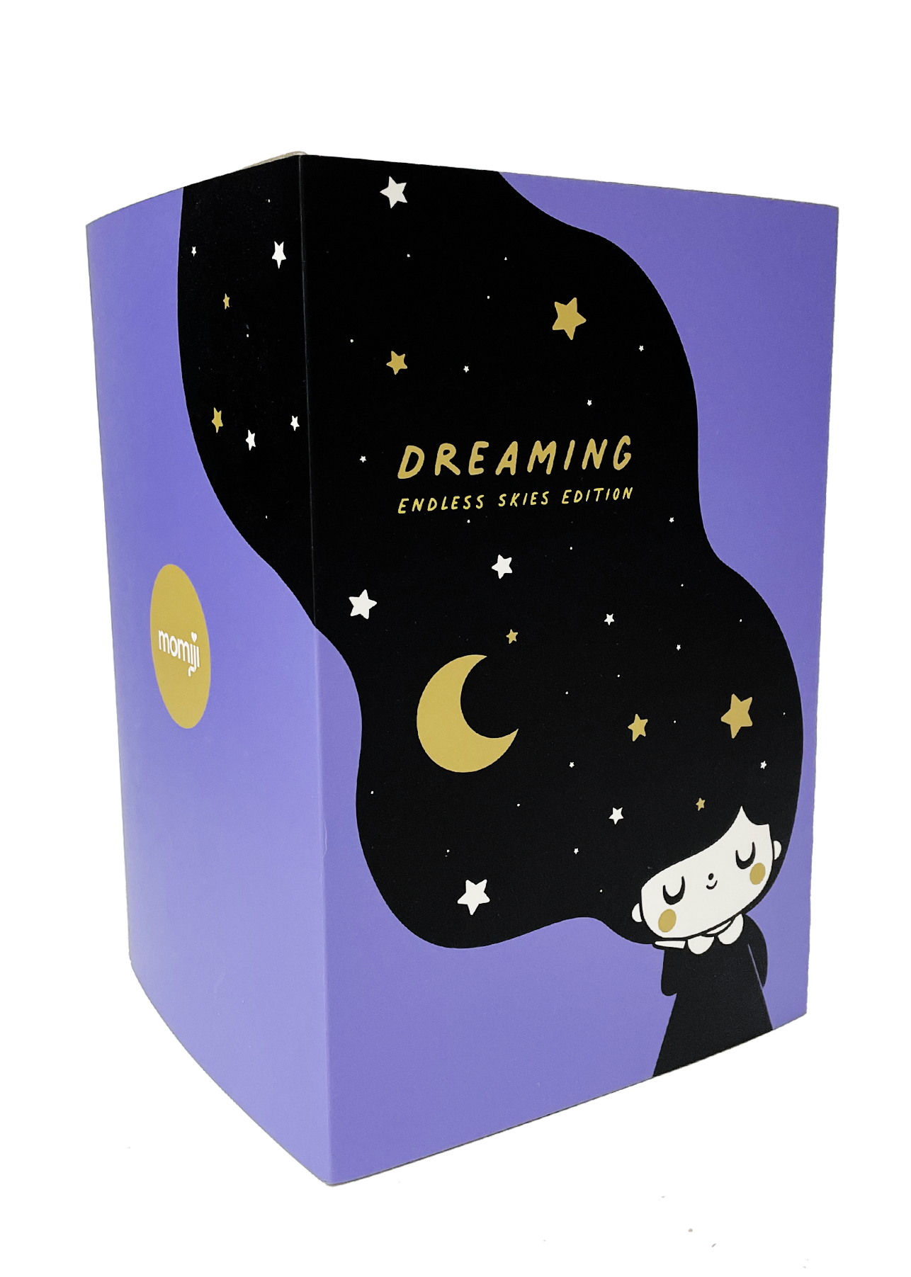 Purple box featuring Momiji doll, black starry hair, and "Dreaming - Endless Skies Edition 18cm tall" text on the front. — Momiji doll