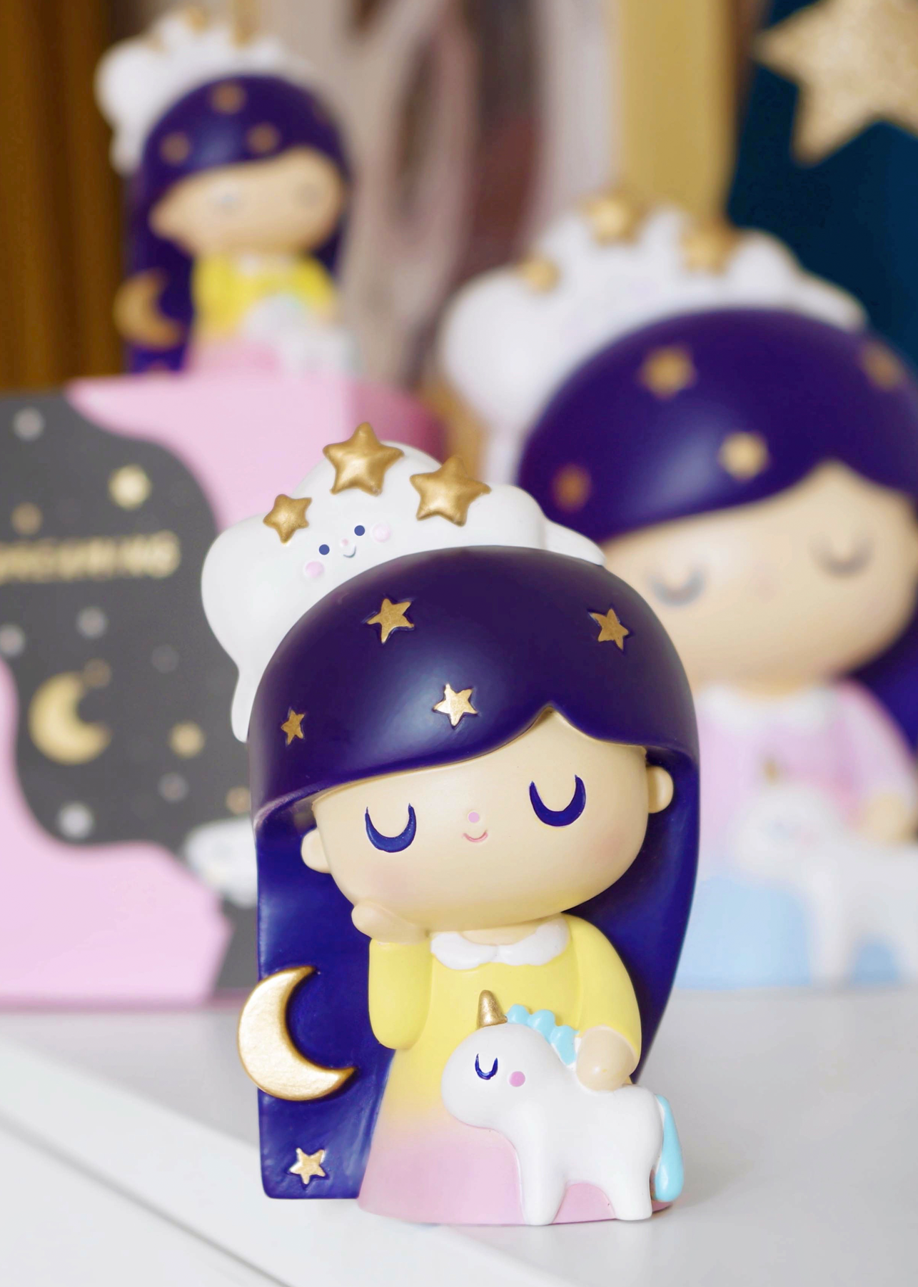 A close-up of the Dreaming Momiji doll (8cm), featuring a pastel outfit and sweet details. Message slot underneath. — Momiji doll