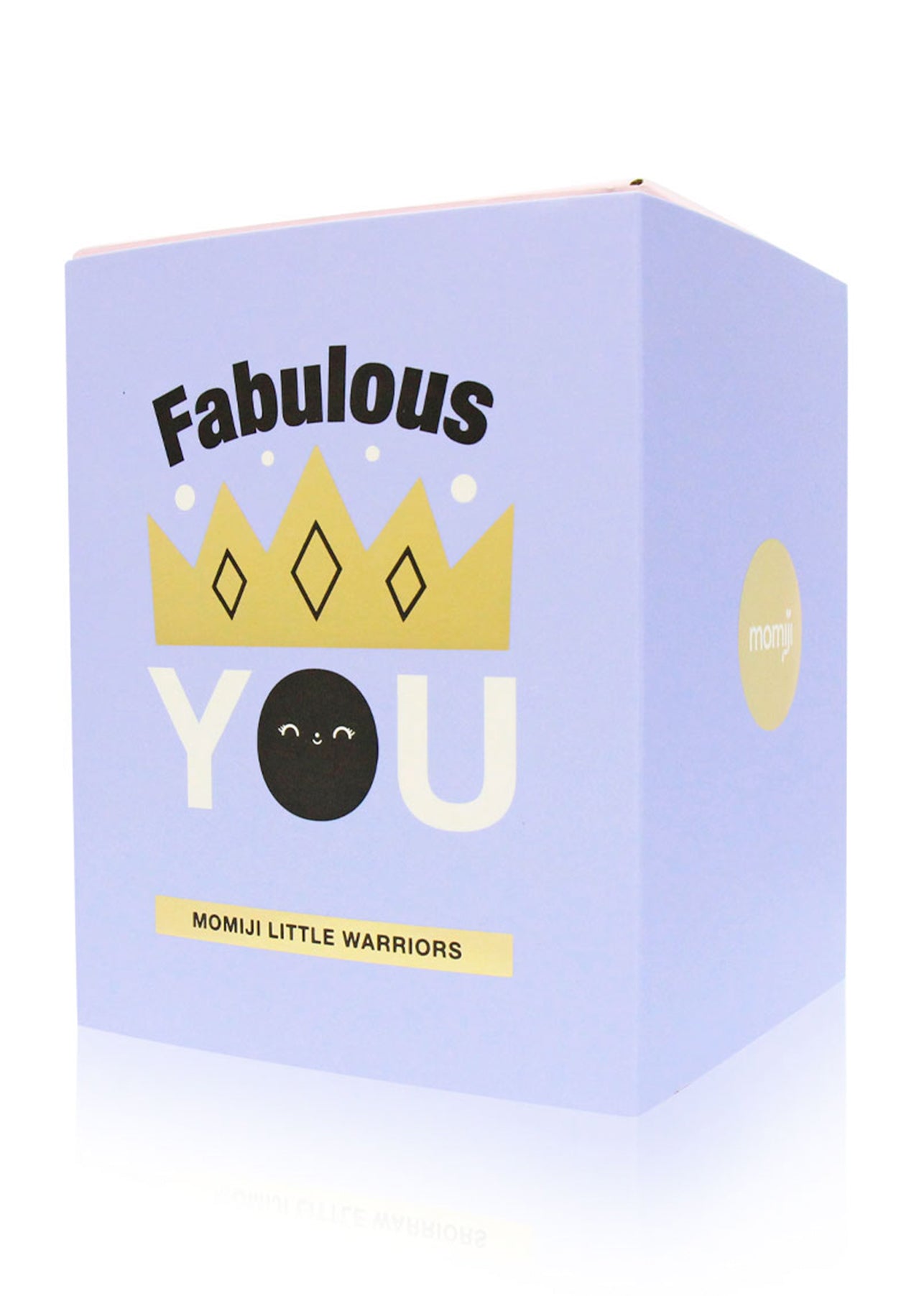 Lavender gift box with "Fabulous You" label, crown graphic, and kawaii Momiji Little Warriors Momiji dolls at the bottom. — Momiji doll