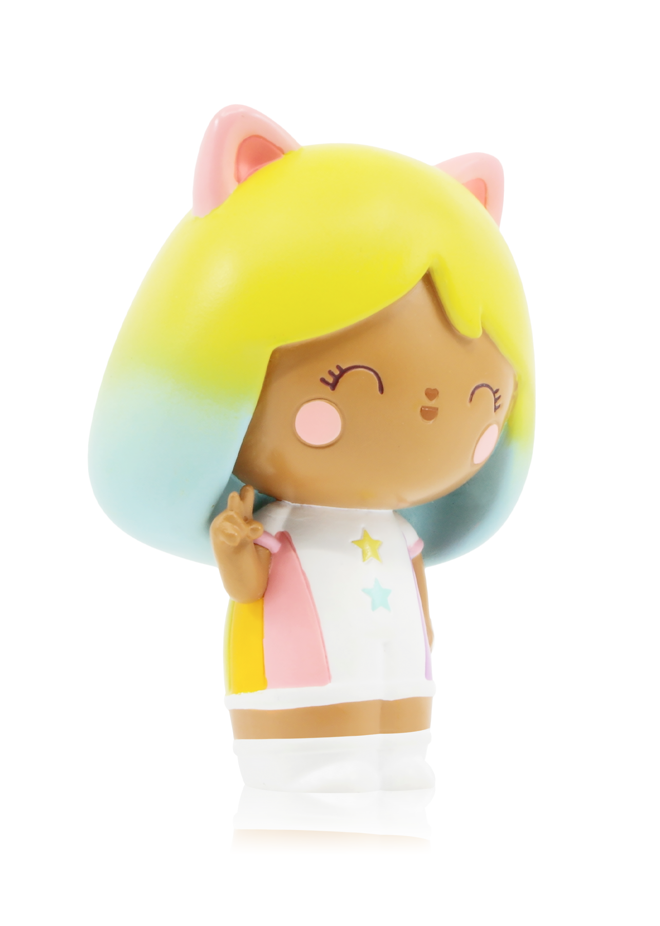 Little Rainbow Kitten Momiji doll with cat ears, yellow & blue hair, pastel dress, and peace sign. Collectible, hides message inside. — Momiji doll