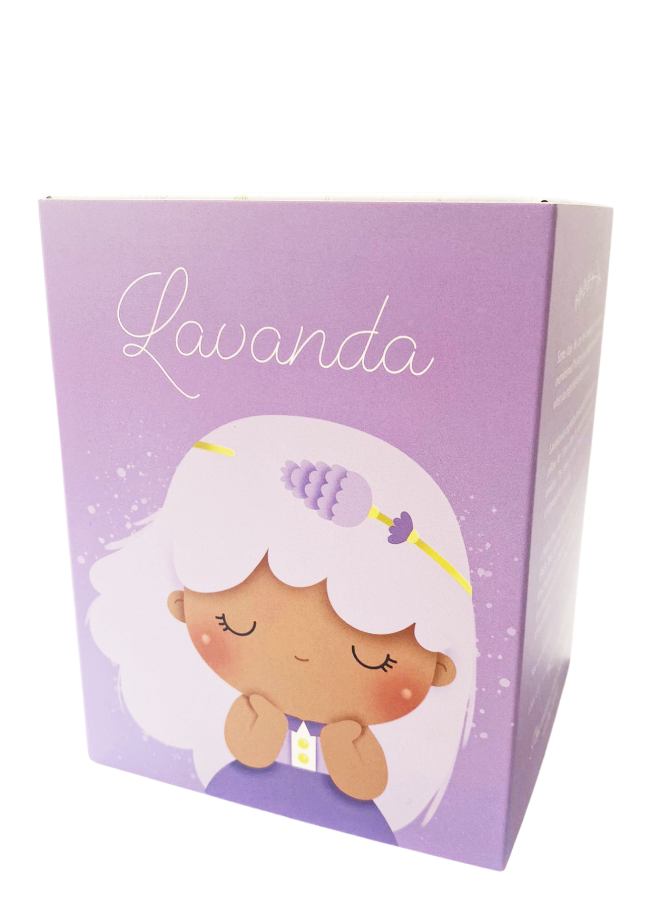 Purple Lavanda Momiji doll with white hair and lavender flower headband on a purple box. Inspired by Tokyo and Seoul street style. — Momiji doll
