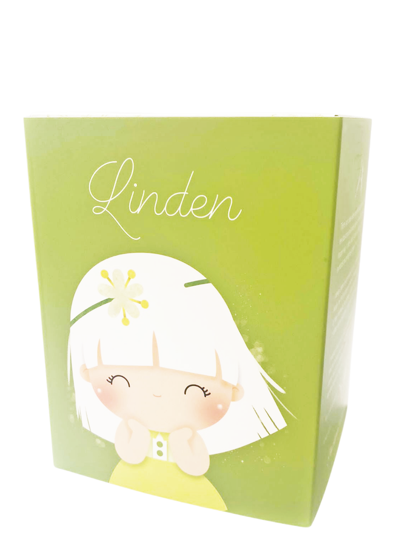 Green box labeled "Linden" with a kawaii Momiji doll character in cheerful colors. Designed by artists, collectible with message. — Momiji doll