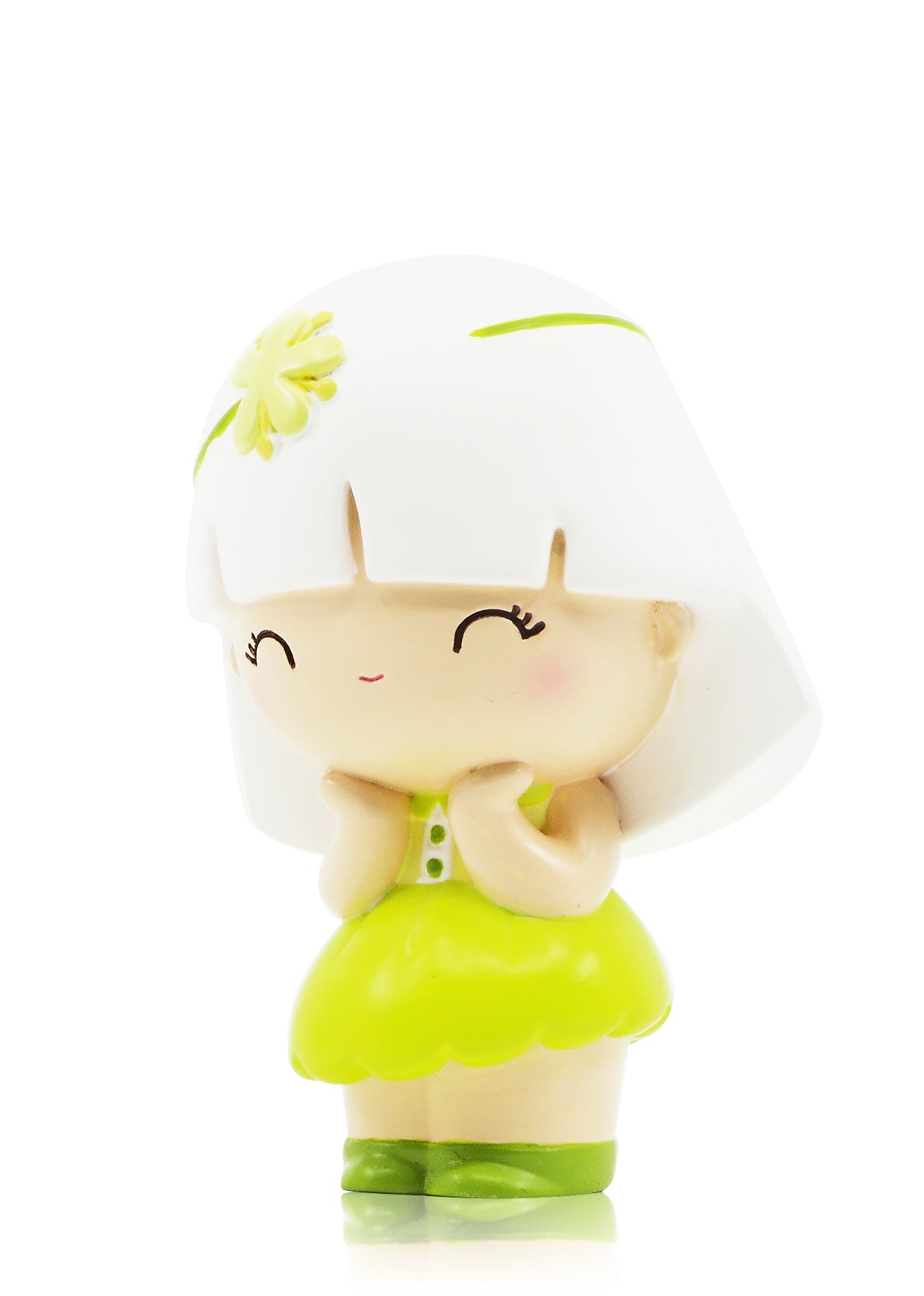 Linden Momiji doll in green with closed eyes and a sweet smile, hiding a secret message inside; kawaii collectible character. — Momiji doll