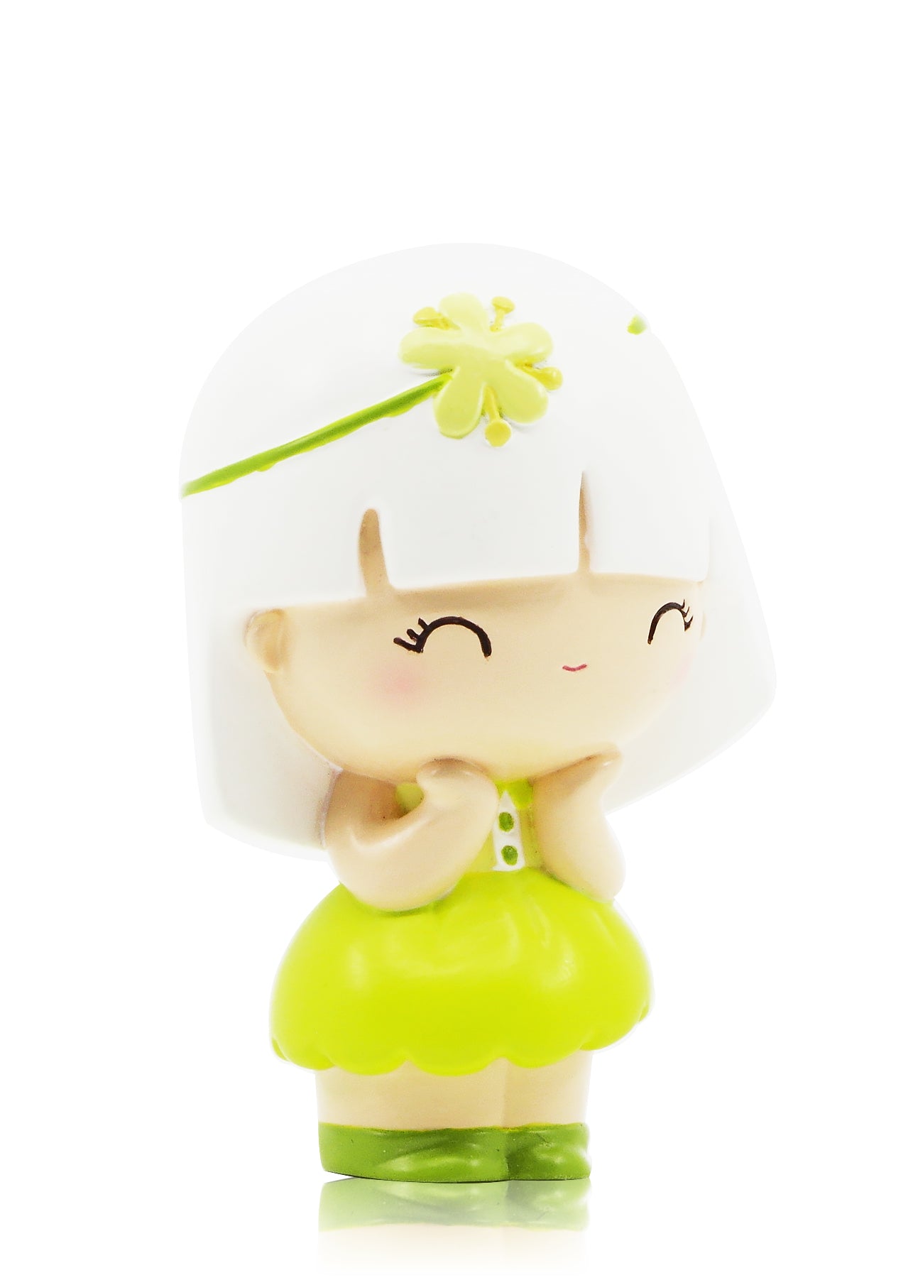 Linden Momiji doll with white hair, yellow flower, green dress; holds secret note inside. Cute and collectible character design. — Momiji doll