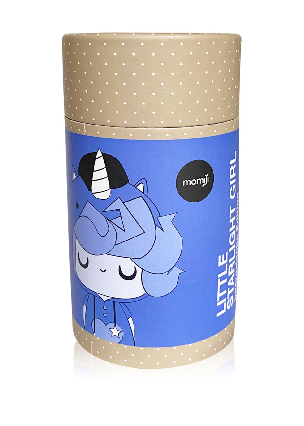 Cylindrical box featuring Little Starlight Girl Momiji doll as a blue unicorn girl, labeled 2021 #015 collectible. — Momiji doll