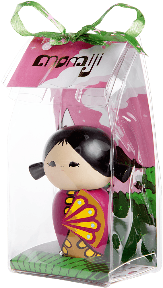 Momiji doll character Happy Happy Happy with black hair in a clear gift box tied with a green ribbon. — Momiji doll