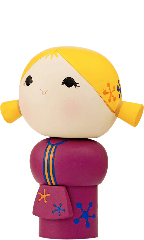 Chatting Momiji doll with yellow hair, purple dress, colorful patterns, sweet smile; collectible with secret message inside. — Momiji doll