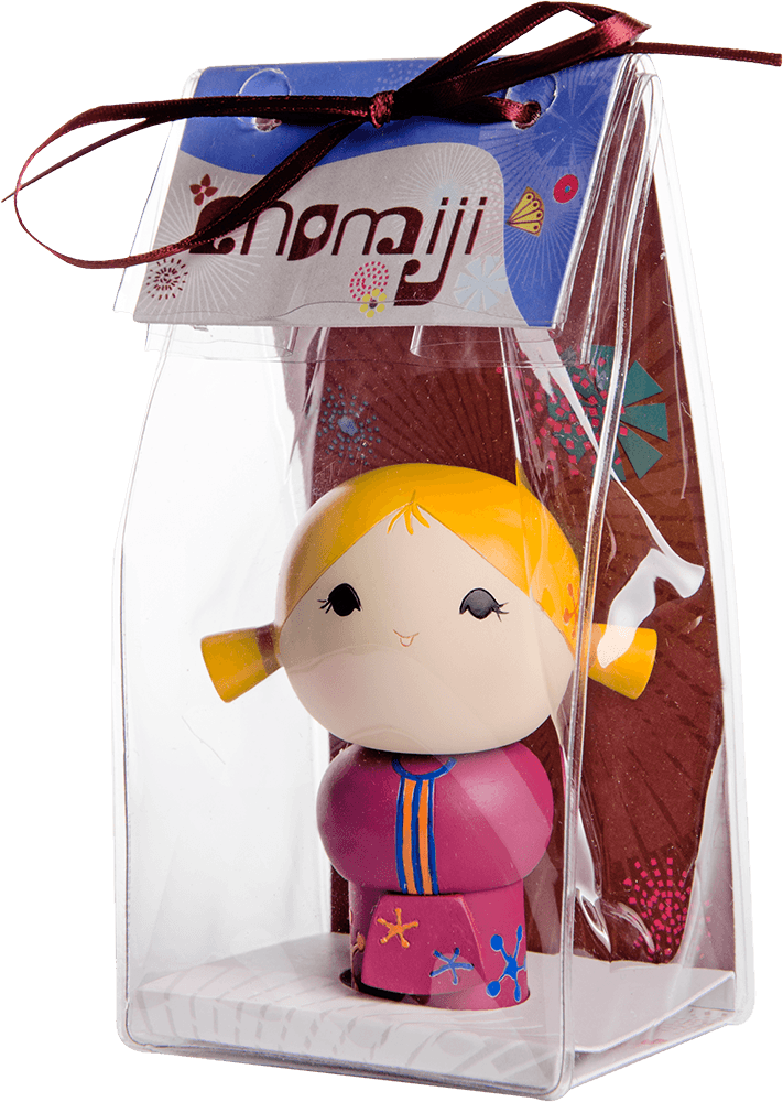 Chatting" Momiji doll with yellow pigtails, pink dress, in a clear gift box with ribbon and label, hiding a secret message inside. — Momiji doll