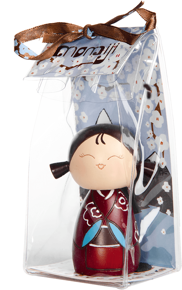 Giggles Momiji doll in a clear box with brown ribbon and floral card, kawaii collectible with secret message inside. — Momiji doll