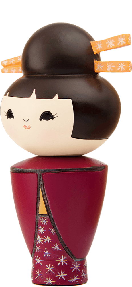 Dizzy Momiji doll wearing a bright red outfit, with a black hair bun and colorful decorative hair sticks, super cute and collectible. — Momiji doll