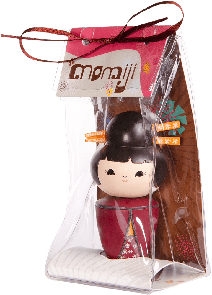 A Dizzy Momiji doll in a clear gift bag, decorated with a brown ribbon and tag, ready for gifting. — Momiji doll