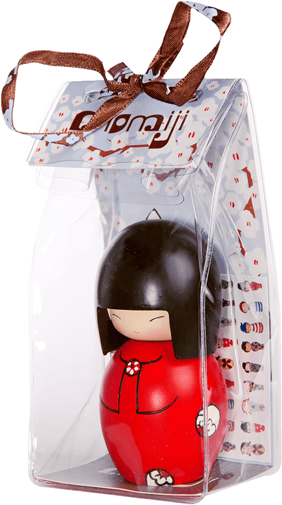 Soul Momiji doll with black hair, red outfit, in clear box tied with brown ribbon; collectible with secret message inside. — Momiji doll