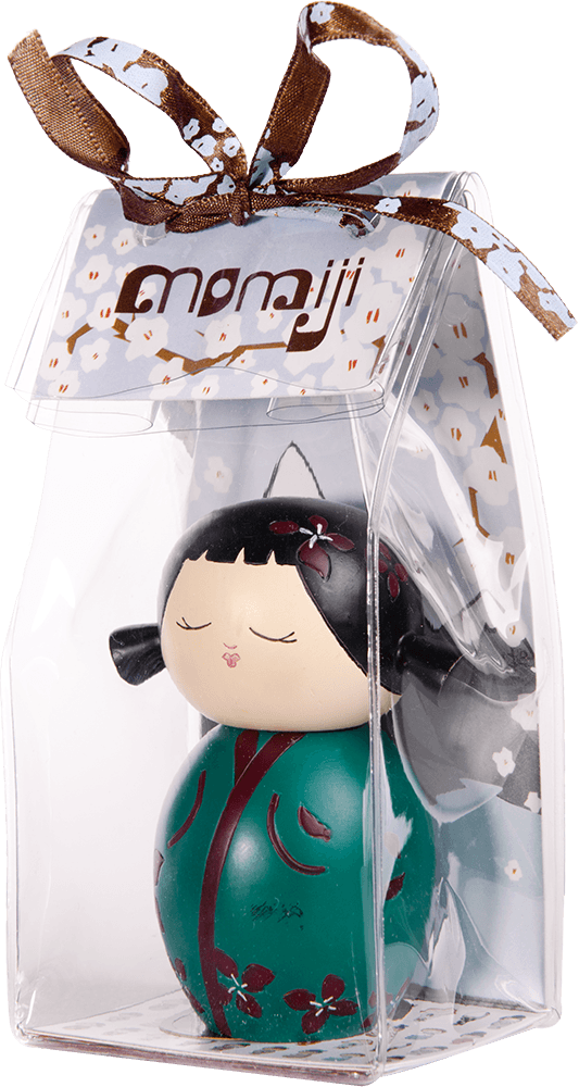 Flowers Momiji doll with black hair, green dress, inside a clear gift box finished with a ribbon. Secret message slot included. — Momiji doll