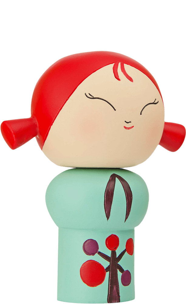 Momiji doll with red pigtails, big smile, blue dress featuring a tree. Cute collectible hiding a secret message inside. — Momiji doll
